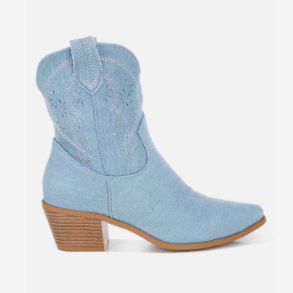 London Rag Nigara Cut Out Detail Cowboy Western Boots blue denim NEW - 7